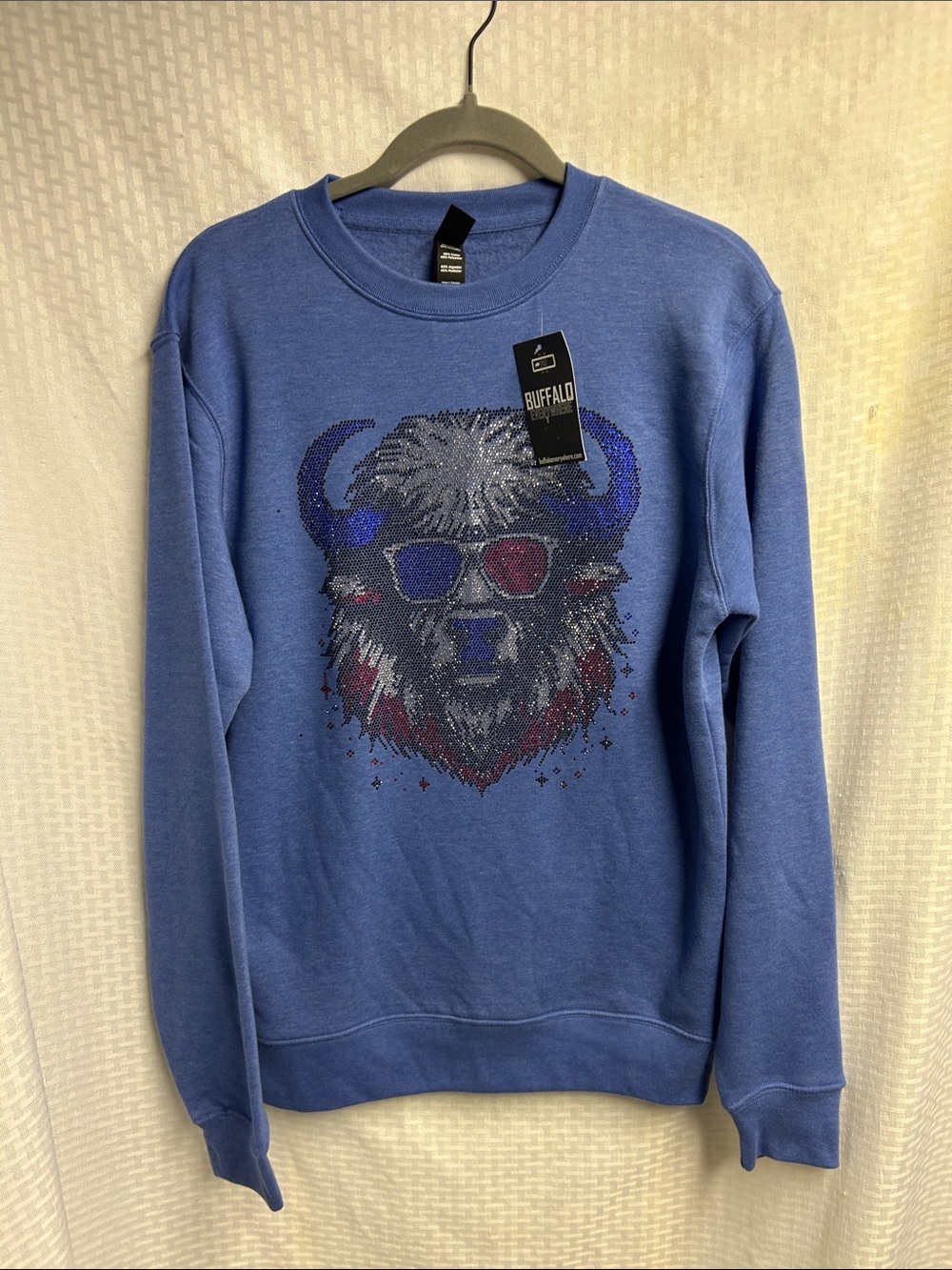 Buffalo Bills Blue Crewneck Sweatshirt with Embellished Buffalo Graphic